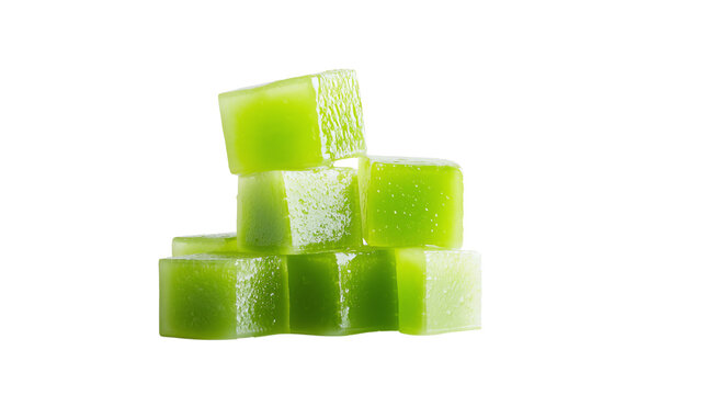 Green jelly cubes stacked on a white isolate background, perfect for desserts and garnishing.