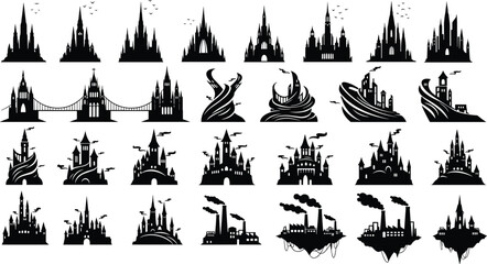 Fantasy castle and city silhouette collection featuring medieval gothic architecture bridges and industrial skyline elements isolated on white background for creative design projects © Azom