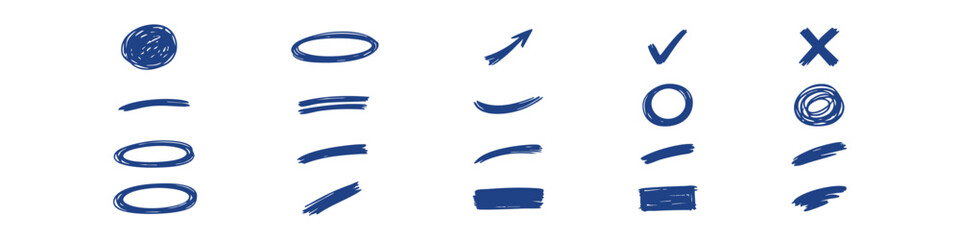 Fototapeta premium Hand-drawn marker strokes, circles, arrows, and symbols in black, red, and blue for highlighting and annotation on a white background.