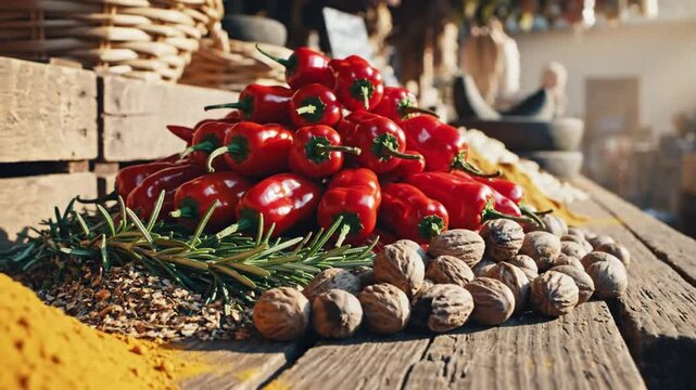Abundant pile of vibrant red chili peppers, aromatic spices, and nutmeg arranged on a wooden table at a market.