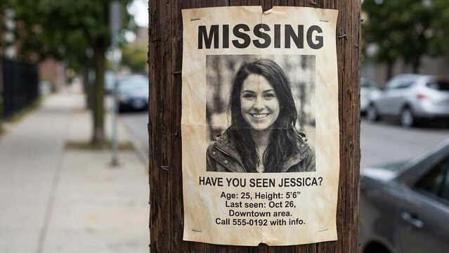 Missing person poster on a city utility pole, public safety awareness and community alert message, somber urban street scene for crime prevention campaigns