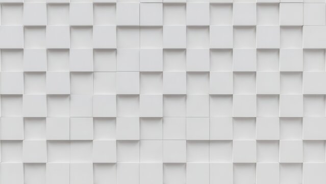Seamless geometric 3d illustration featuring an abstract white wall texture with gray square cube patterns and paper art mosaic shapes for a modern business backdrop design