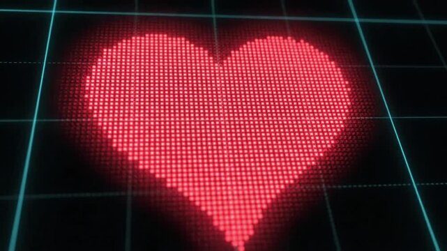 Displaying a glowing red heart on a digital screen with grid patterns