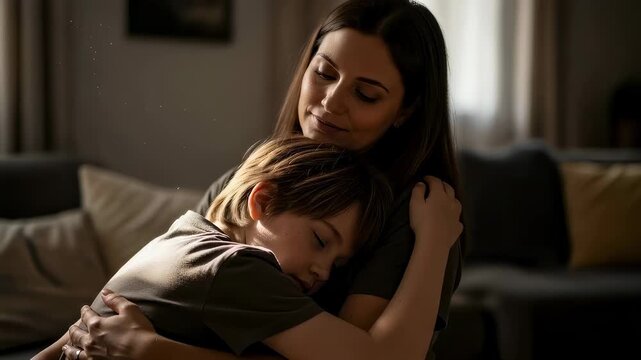 Caucasian woman comforting and stroking boys head with care. Mother-son tender moment for child development and emotional support.