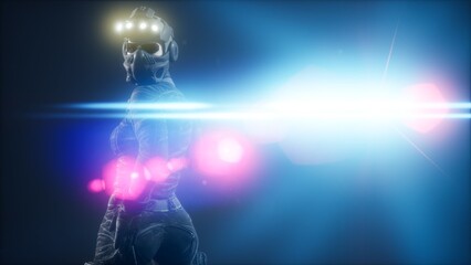 A shadowy figure dressed in advanced gear stands confidently amidst glowing lights at a night gathering. The scene exudes an atmosphere of intrigue and adventure. © icetray