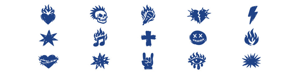 Set of hand-drawn punk rock and grunge icons featuring skulls, hearts, fire, and music symbols in black and blue vector style on white background. © Nort Kor