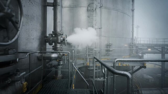 Closeup view of a pressurized continuous digester tower enveloped in soft fog highlighting metal valves and platform structures in diffused light.