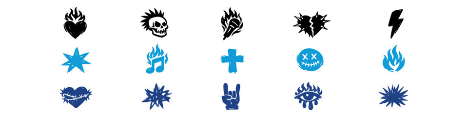 Obraz premium Set of hand-drawn punk rock and grunge icons featuring skulls, hearts, fire, and music symbols in black and blue vector style on white background.