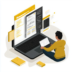 Moderne Illustration eines Entwicklers am Computer – digitales Arbeitsumfeld mit Code, Software-Interface und Technologieelementen.