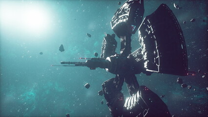 In the depths of a distant galaxy, a futuristic space station orbits gracefully among scattered asteroids, illuminated by a vibrant star. The scene captures the wonders of space exploration. © icetray