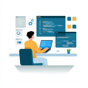 Moderne Illustration eines Entwicklers am Computer &ndash; digitales Arbeitsumfeld mit Code, Software-Interface und Technologieelementen.
