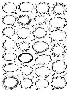 Comic Book Speech Bubbles Set Illustration, Design Elements for Superhero Graphic Novels and Pop Art, Dialogue Balloons for Cartoon Stories, Conversation and Exclamations, Black and White Drawings, Bl