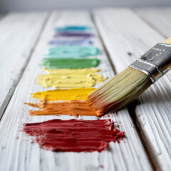 Fototapeta premium Pinsel malt Farbstreifen auf Holz – kreative Malerei, DIY und Kunsthandwerk mit bunten Farben