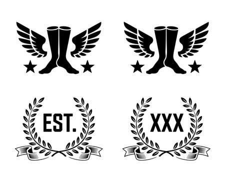 Winged Legs Emblems Vector Illustration Set for Fast Running, Football, Track and Field Club, Sports Achievement, Triumph, Success, Victory, Graphic Design Projects & Tattoo Designs, Black and White,