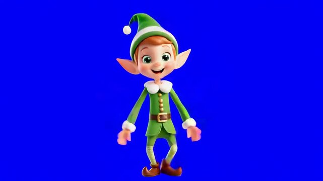 Animated elf in green attire dances and waves hands against a vibrant blue background, exuding a joyful and festive atmosphere