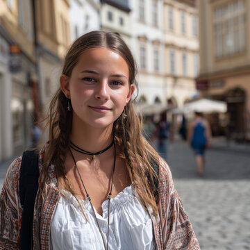 Nat&uuml;rliches Portr&auml;t einer jungen Frau im urbanen Umfeld. Authentischer Blick, dezente Mimik &ndash; modernes Street-Portr&auml;t mit weichem Hintergrund.