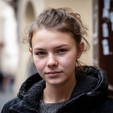 Nat&uuml;rliches Portr&auml;t einer jungen Frau im urbanen Umfeld. Authentischer Blick, dezente Mimik &ndash; modernes Street-Portr&auml;t mit weichem Hintergrund.