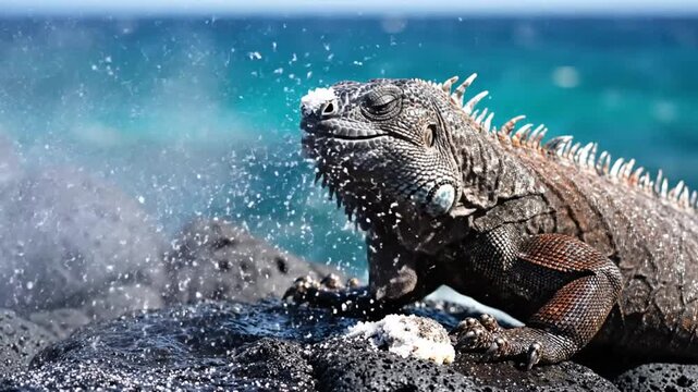 Marine iguana exhales salt crystals from its snout while basking on a volcanic rock near the ocean