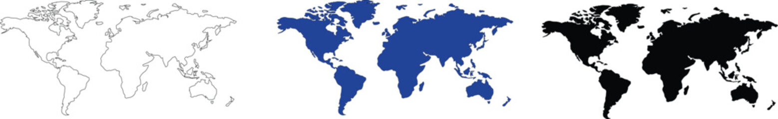 World map vector set with outline, blue silhouette, and black earth continents isolated on white background