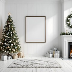 크리스마스 트리, 선물, 벽난로가 있는 흰색 방의 포스터 액자 모형, 3D 렌더링