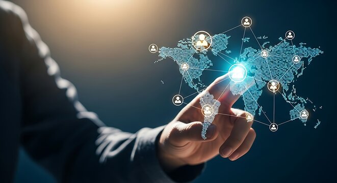 World Connectivity and Social Media: Conceptual illustration of a person interacting with a glowing global grid of users for worldwide communication