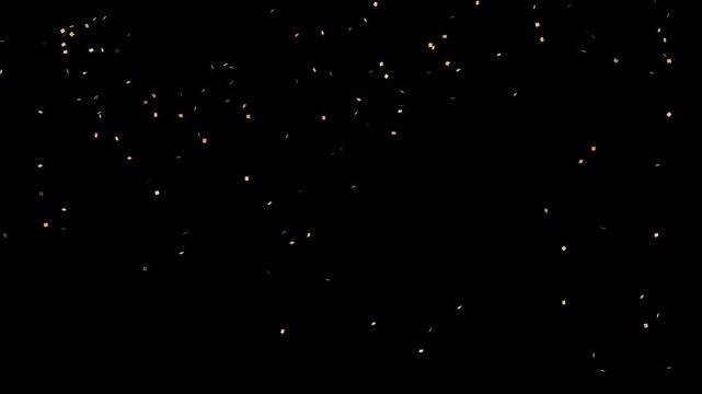 Animation of golden confetti falling down on black background