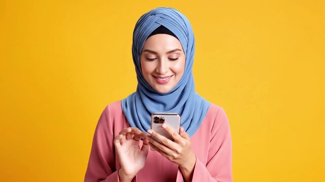Young Muslim woman in hijab using smartphone with a smile.