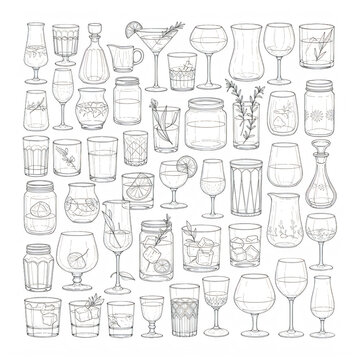 Collection of hand-drawn cocktail glasses and drinkware illustrations