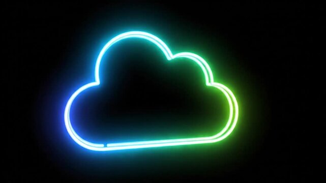 Neon cloud symbol illuminating on black background with gradual color changes from purple to green
