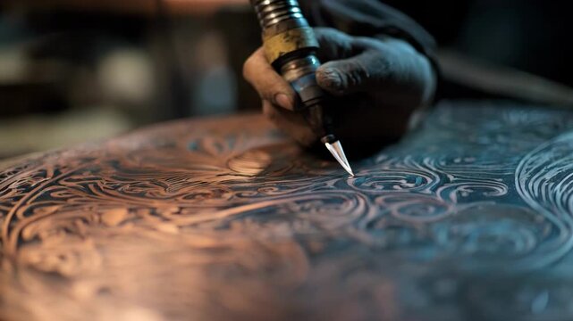 Medium shot capturing laser engraving detailed patterns onto a flat copper plate highlighting the intricate design process.