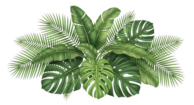 Tropical green palm and Monstera leaves isolated on transparent background