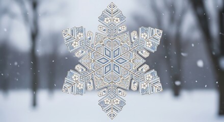 Intricate snowflake adorns snowy winter background with falling snow.