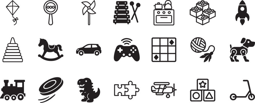 Toys line icon set. Editable outline vector symbols for kids, playtime and childhood design.
