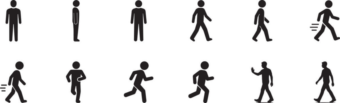 Man stands, walk and run icon set. Editable line vector symbols for motion and activity design.