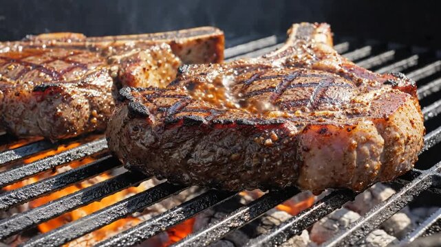 Close-up shot of juicy ribeye steaks grilling over hot charcoal creating a beautiful sear for a barbecue