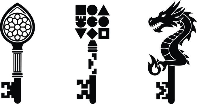 Three striking black silhouette keys featuring gothic rose window geometric shapes and a fierce dragon for fantasy and mythical subject matter.