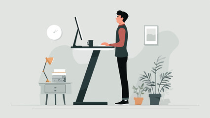Obraz premium A person stands at a standing desk with a computer, mug, lamp, books, and plants