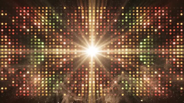 Explosive energy burst illuminating a glowing LED wall background, perfect for music events or party promotions.