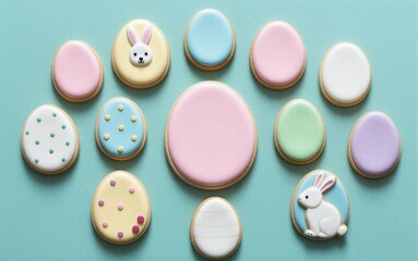 Fototapeta premium Pastel Easter cookies shaped like eggs and bunnies sweet and festive