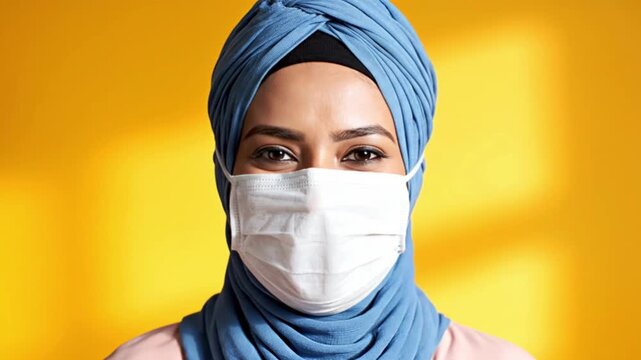 Woman wearing a hijab and a medical face mask on a yellow background.