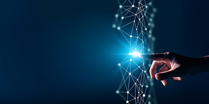 A hand interacting with a futuristic network connection in a dark blue background