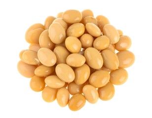 Fototapeta premium Heap of light yellow cooked soy beans isolated on a pure white background, ideal for healthy eating and vegan recipes.