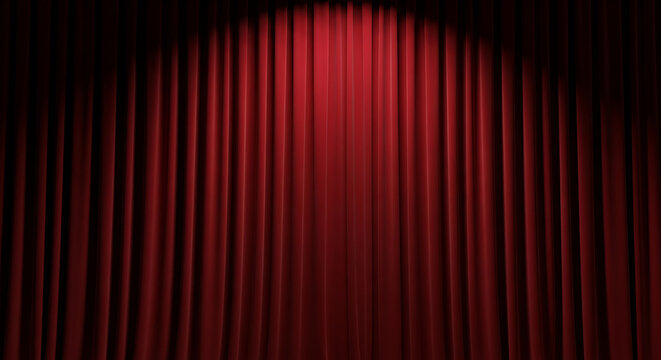 closed red stage curtains dramatically lit by a central spotlight creating an elegant background for a theater show event or presentation.