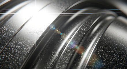 close-up of a wet textured metallic surface with sparkling water droplets and vibrant lens flare ideal for modern technology and industrial design
