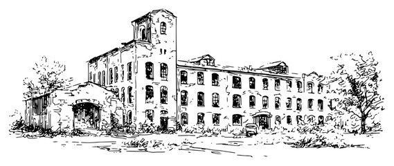 Old abandoned factory building with trees sketch illustration © Celestynka