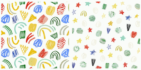 Colorful crayon scribbles and shapes scattered across a white background
