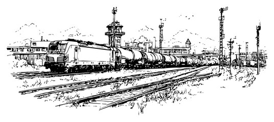 Freight train with tank cars traveling on railroad tracks sketch © Celestynka