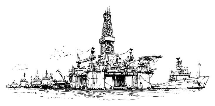 Offshore oil drilling rig platform in ocean with ships sketch