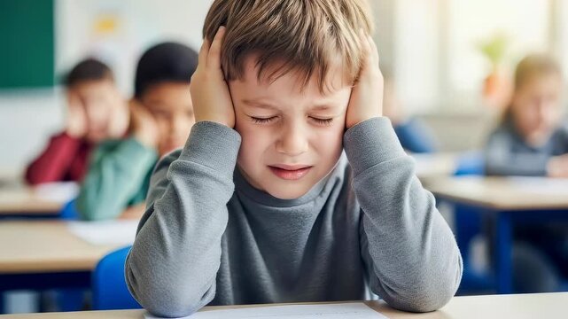 Young boy with hands over ears in classroom, experiencing sensory overload or autism spectrum disorder difficulties at school