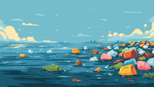 A polluted ocean landscape with colorful plastic debris floating on the surface